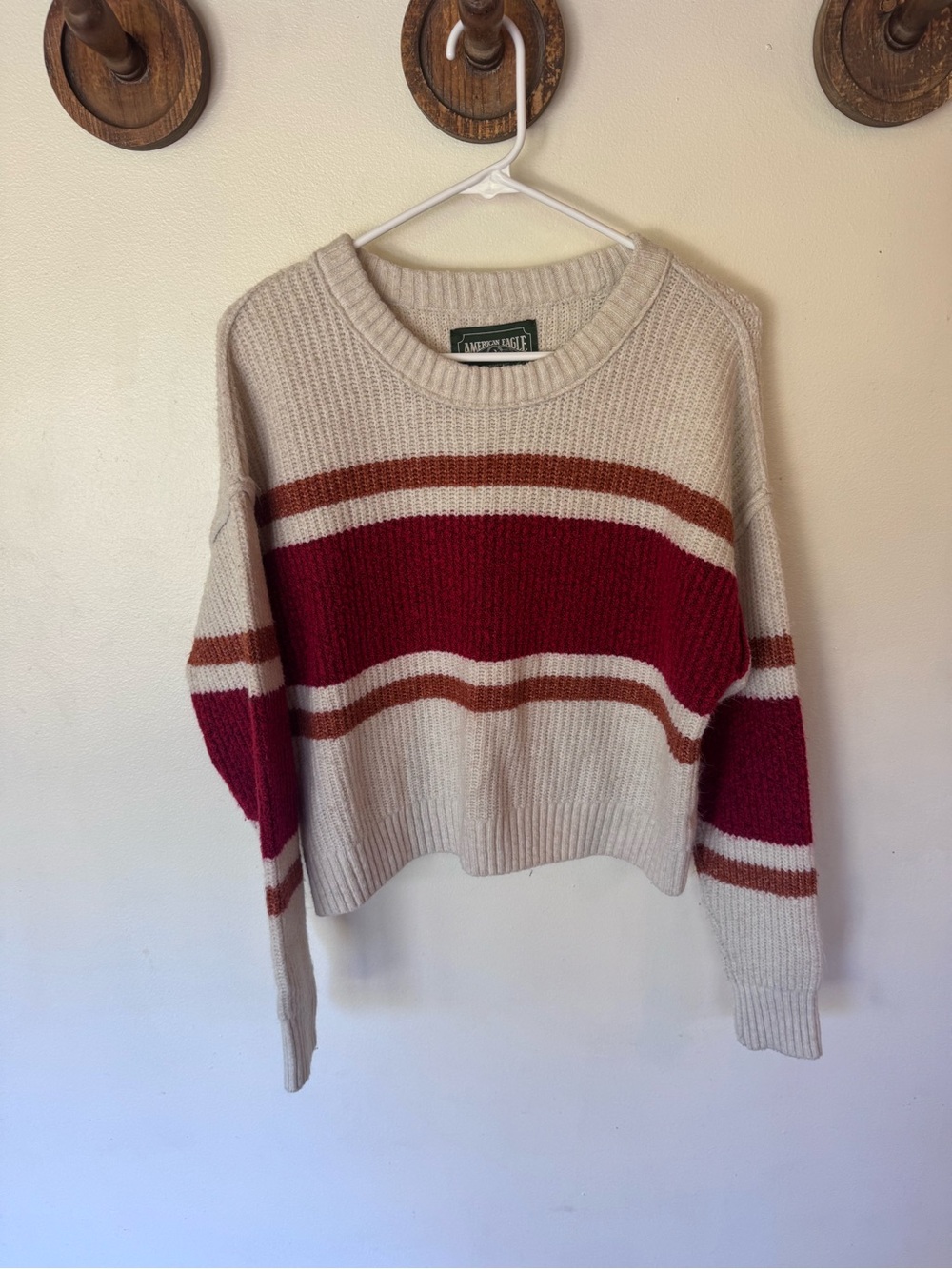 American Eagle Outfitters Cream Sweater with Red and Rust Stripes medium